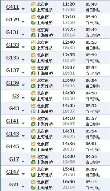 北京到上海高铁的时刻表