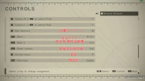《尼尔:机械纪元》按键修改界面中英文对照一览