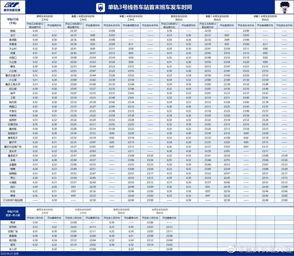 重庆地铁3号线站点+路线图+换乘站点+时刻表 重庆3号地铁站路线时间表