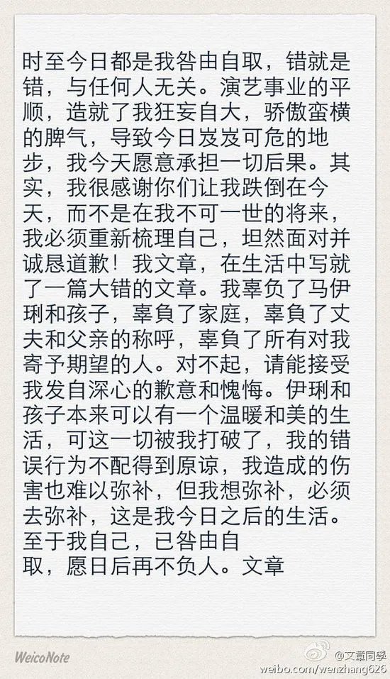 文章微博承认出轨辜负马伊琍 恶劣程度比肩陈世美