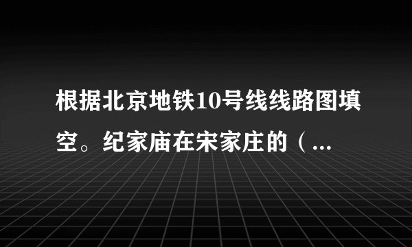 根据北京地铁10号线线路图填空。纪家庙在宋家庄的（   ）方，团结湖在劲松的（   ）方。北土城在西土楼的（   ）方，西局在莲花桥的（   ）方。团结湖在角门东的（   ）方向，车道沟在知春里的（   ）方向。公主坟在草桥的（   ）方向，呼家楼在安贞门的（   ）方向。